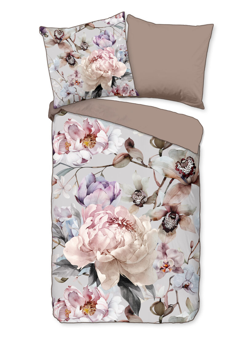 Descanso Dekbedovertrek "bloemen" - Grijs - (135x200 cm) - Katoen Satijn