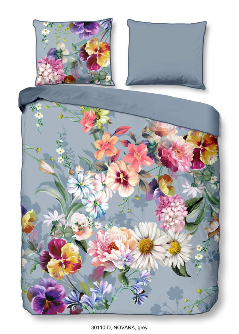Descanso Dekbedovertrek "bloemen" - Grijs - (140x200/220 cm) - Biologisch Katoen satijn