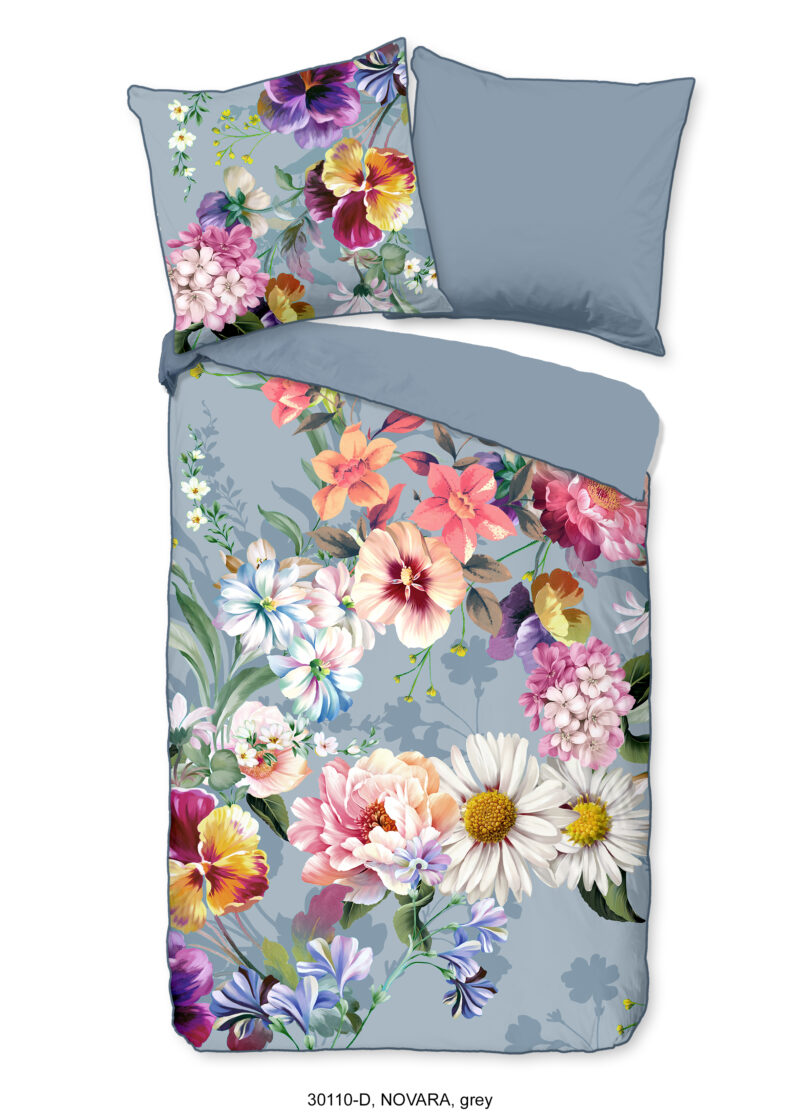 Descanso Dekbedovertrek "bloemen" - Grijs - (155x220 cm) - Biologisch Katoen satijn
