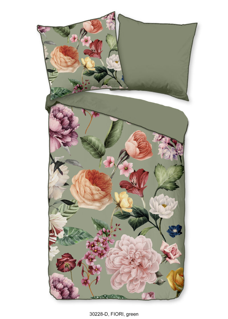 Descanso Dekbedovertrek "bloemen" - Groen - (135x200 cm) - Biologisch Katoen satijn