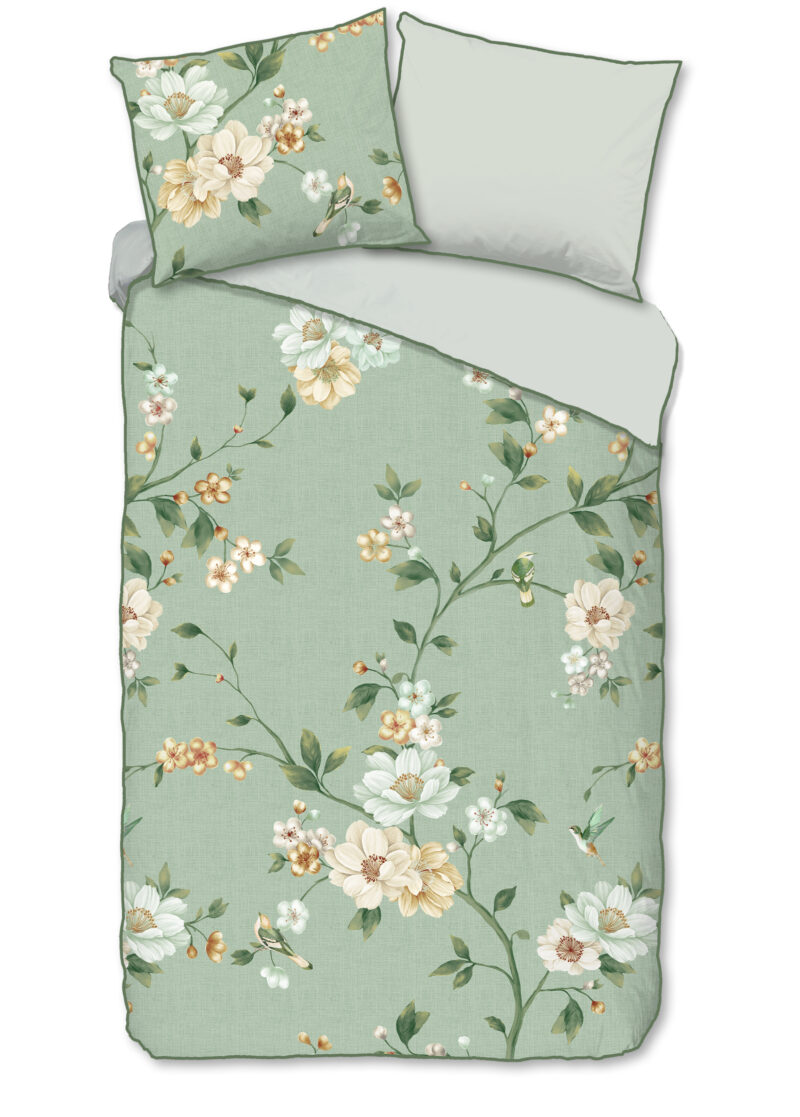 Descanso Dekbedovertrek "bloemen" - Groen - (140x200/220 cm) - Katoen Satijn