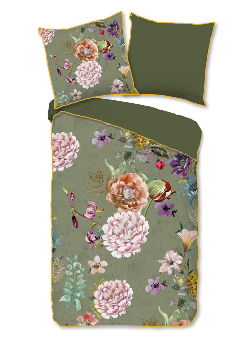 Descanso Dekbedovertrek "bloemen" - Groen - (155x220 cm) - Biologisch Katoen satijn