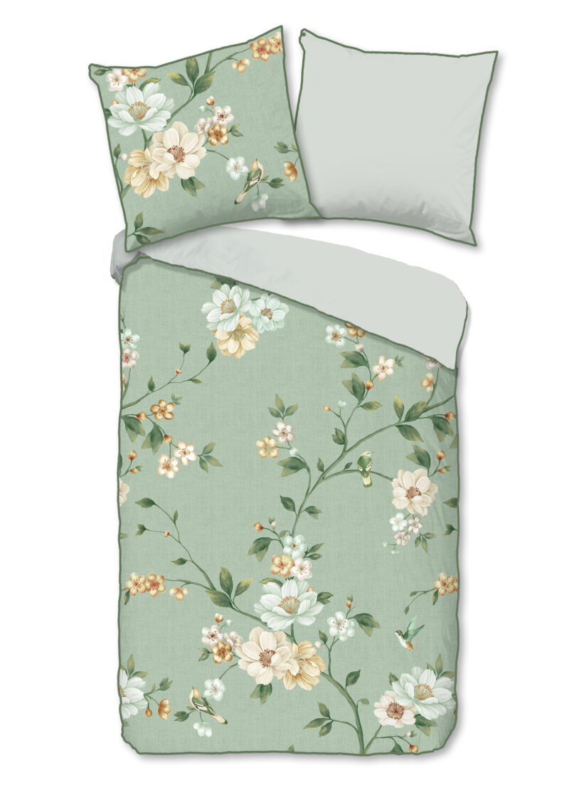 Descanso Dekbedovertrek "bloemen" - Groen - (155x220 cm) - Katoen Satijn
