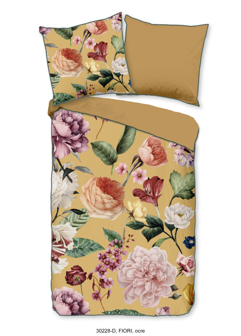 Descanso Dekbedovertrek "bloemen" - Oker - (135x200 cm) - Biologisch Katoen satijn