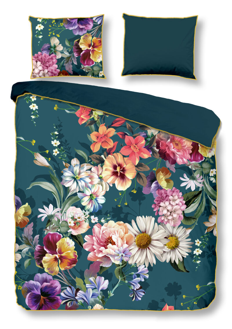 Descanso Dekbedovertrek "bloemen" - Petrol - (135x200 cm) - Biologisch Katoen satijn