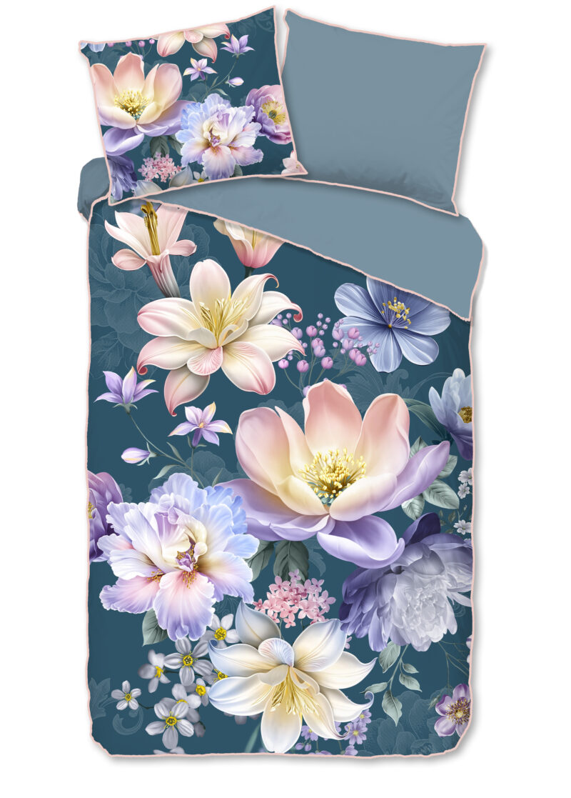 Descanso Dekbedovertrek "bloemen" - Petrol - (140x200/220 cm) - Katoen Satijn