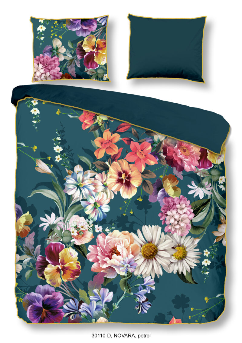 Descanso Dekbedovertrek "bloemen" - Petrol - (200x200/220 cm) - Biologisch Katoen satijn