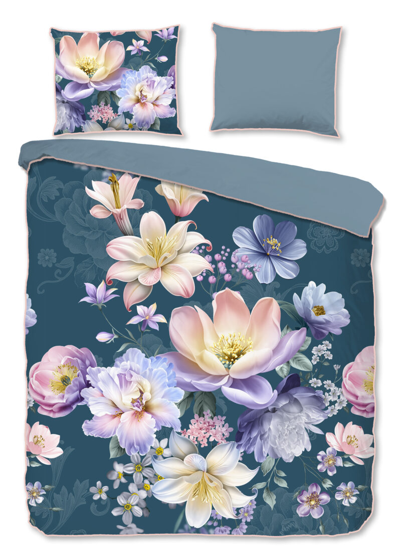 Descanso Dekbedovertrek "bloemen" - Petrol - (240x200/220 cm) - Katoen Satijn