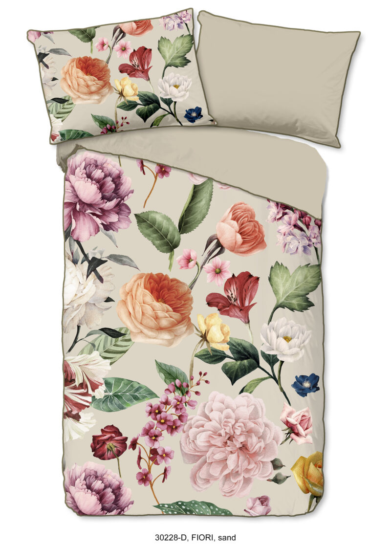 Descanso Dekbedovertrek "bloemen" - Zand - (140x200 cm) - Biologisch Katoen satijn