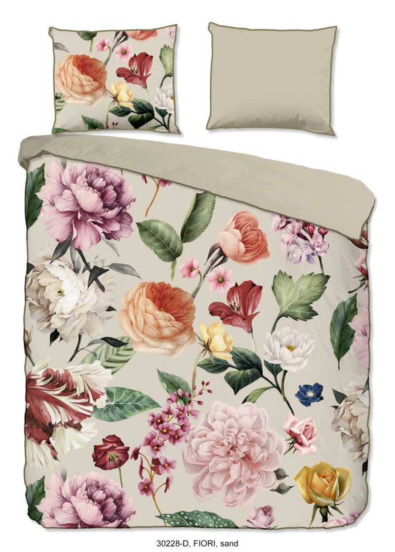 Descanso Dekbedovertrek "bloemen" - Zand - (240x200/220 cm) - Biologisch Katoen satijn
