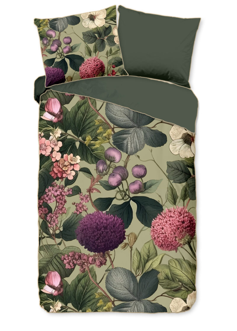 Descanso Dekbedovertrek "bloemen & bladeren" - Groen - (140x200/220 cm) - Katoen Satijn