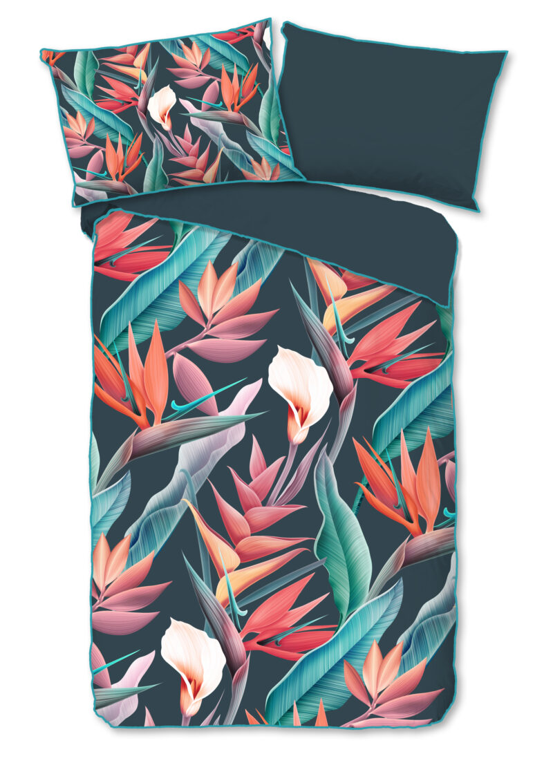 Descanso Dekbedovertrek "bloemen en bladeren" - Multi - (140x200 cm) - Biologisch Katoen satijn