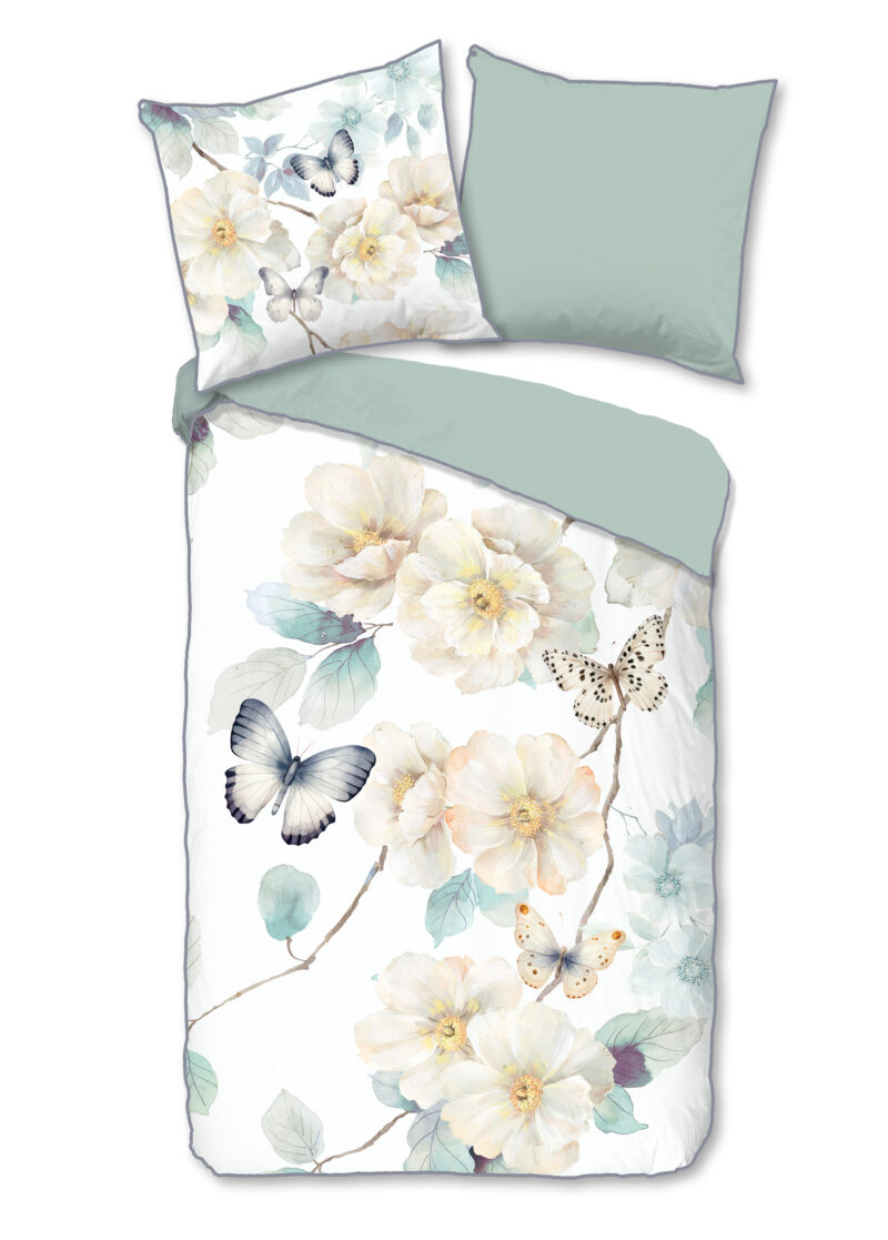 Descanso Dekbedovertrek "bloemen en vlinders" - Wit - (135x200 cm) - Katoen Satijn
