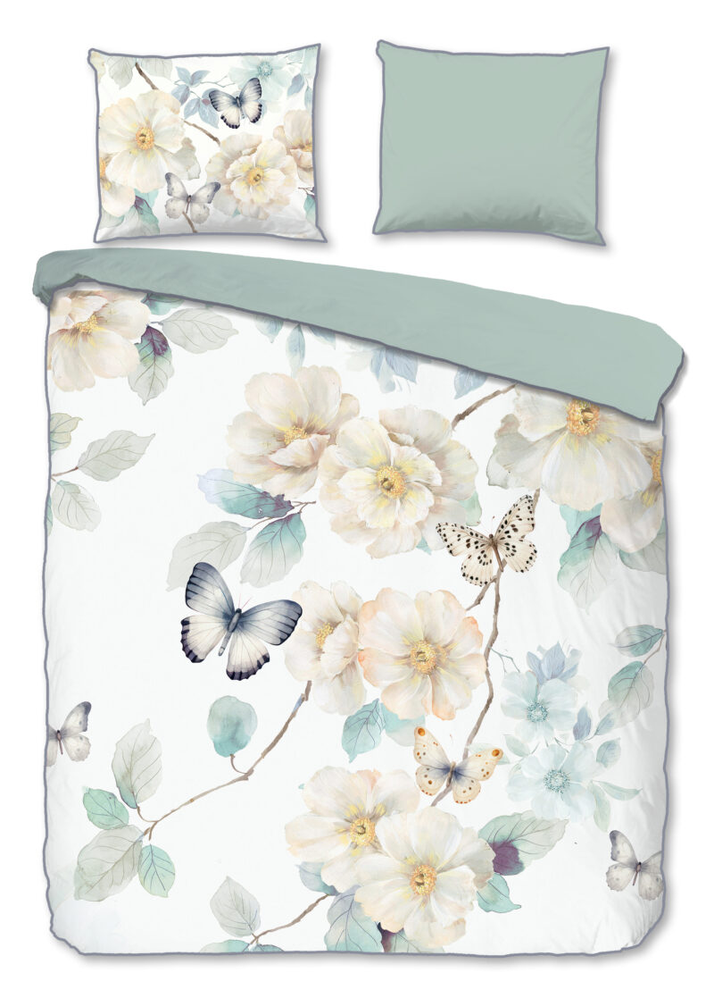 Descanso Dekbedovertrek "bloemen en vlinders" - Wit - (200x200/220 cm) - Katoen Satijn