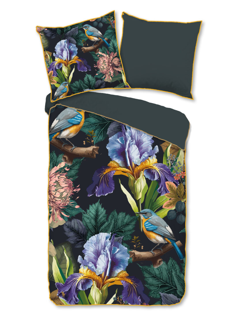 Descanso Dekbedovertrek "bloemen en vogels" - Antraciet - (135x200 cm) - Katoen Satijn