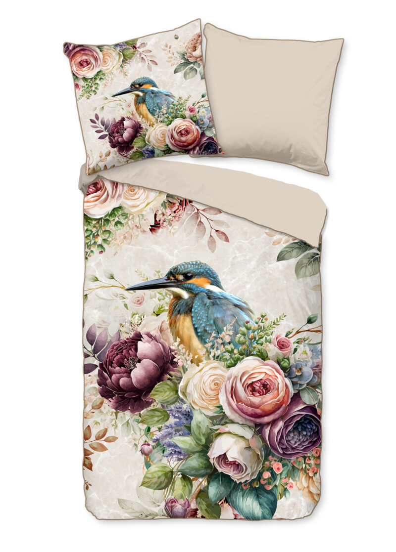 Descanso Dekbedovertrek "bloemen en vogels" - Zand - (200x200 cm) - Katoen Satijn