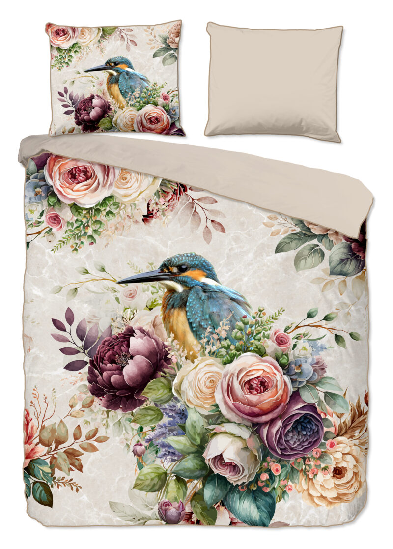 Descanso Dekbedovertrek "bloemen en vogels" - Zand - (240x200/220 cm) - Katoen Satijn