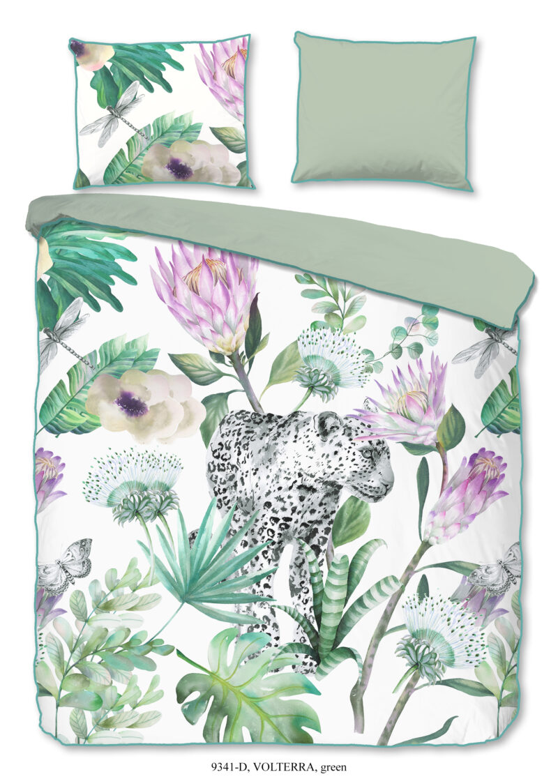 Descanso Dekbedovertrek "bloemen met een luipaard" - Groen - (140x200/220 cm) - Biologisch Katoen satijn