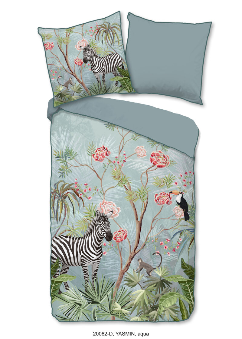 Descanso Dekbedovertrek "jungle print" - Aqua - (135x200 cm) - Biologisch Katoen satijn