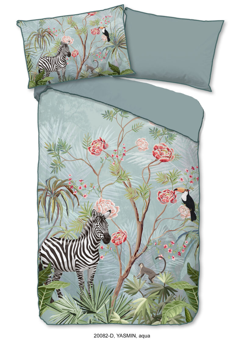 Descanso Dekbedovertrek "jungle print" - Aqua - (140x200 cm) - Biologisch Katoen satijn