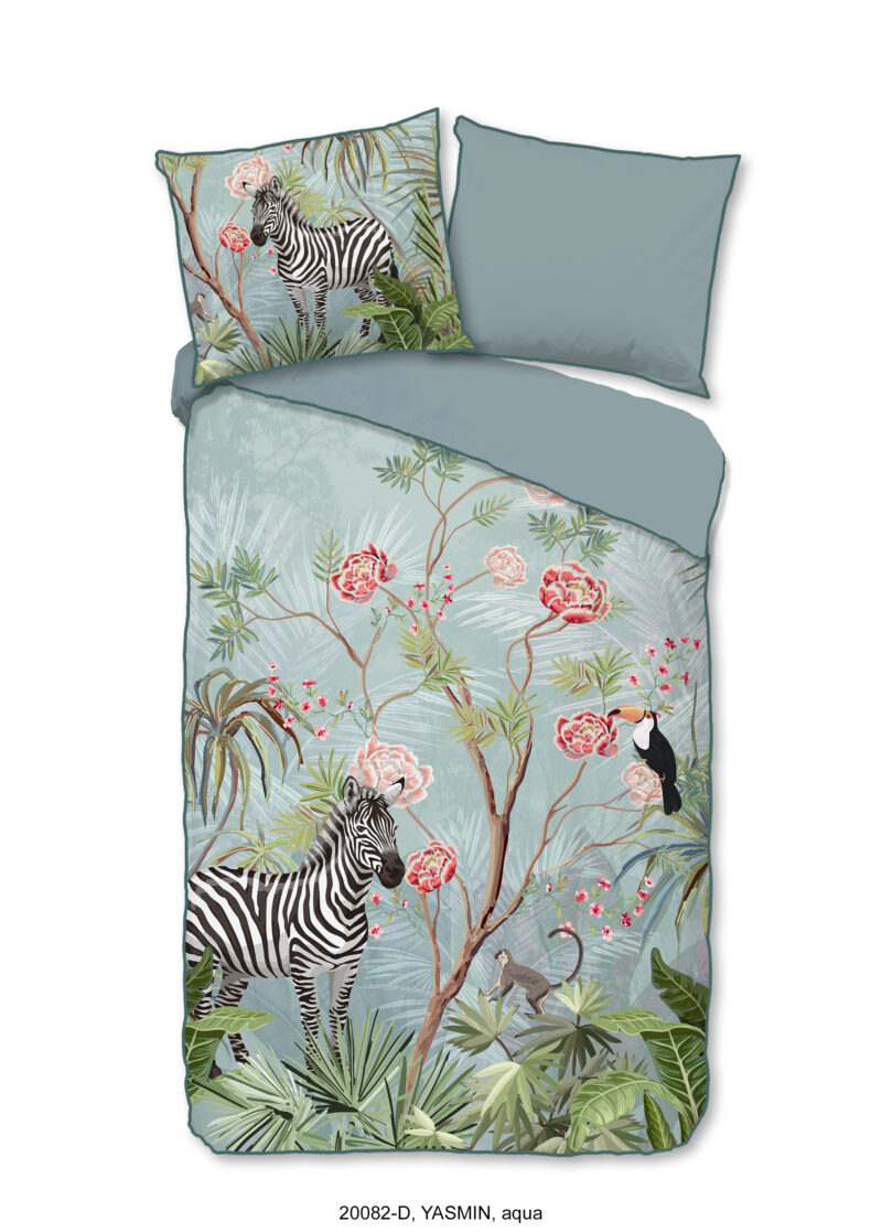 Descanso Dekbedovertrek "jungle print" - Aqua - (140x200/220 cm) - Biologisch Katoen satijn