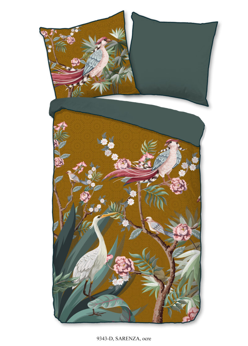 Descanso Dekbedovertrek "kraanvogel met bloemen" - Oker - (155x220 cm) - Biologisch Katoen satijn