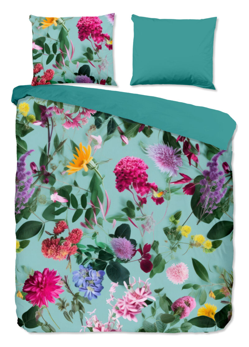 Good Morning Dekbedovertrek "bloemen" - Aqua - (200x200/220 cm) - Katoen