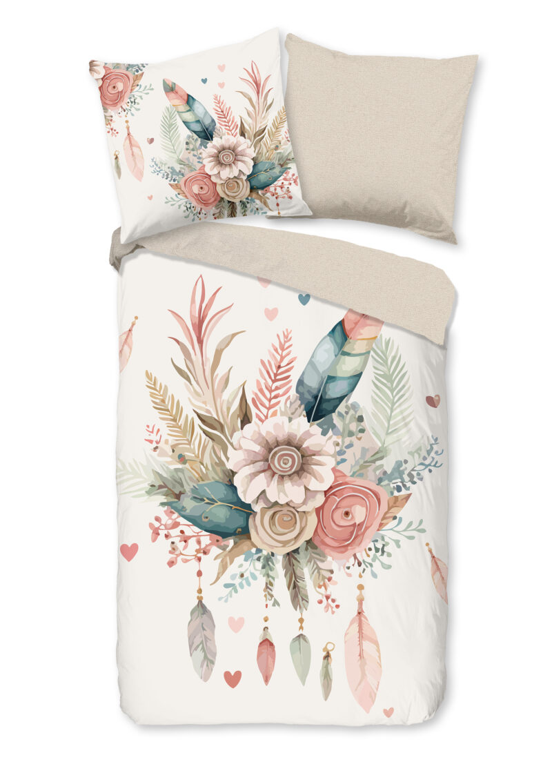 Good Morning Dekbedovertrek "bloemen en veren" - Ecru - (155x220 cm) - Katoen