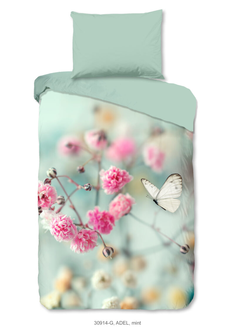 Good Morning Dekbedovertrek "bloemen en vlinders" - Mint - (140x200 cm) - Katoen