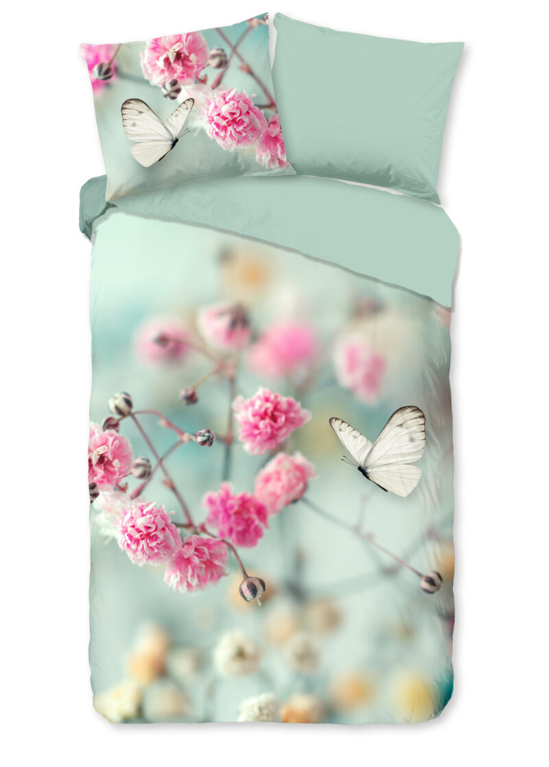 Good Morning Dekbedovertrek "bloemen en vlinders" - Mint - (140x200/220 cm) - Katoen