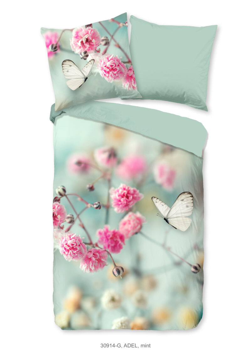 Good Morning Dekbedovertrek "bloemen en vlinders" - Mint - (155x220 cm) - Katoen