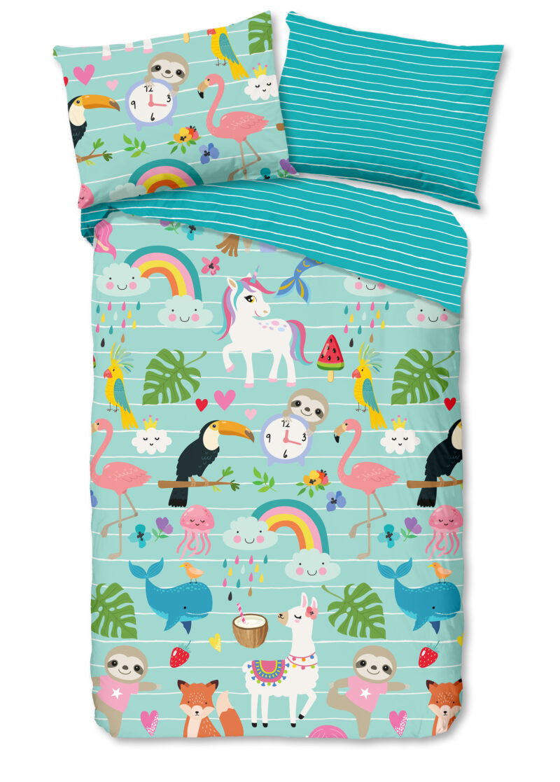 Good Morning Dekbedovertrek "dieren en regenbogen" - Aqua - (140x200 cm) - Katoen