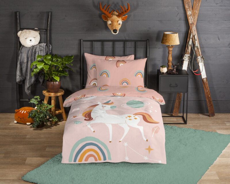 planeten en regenboog" - Roze - (140x200 cm) - Katoen Flanel