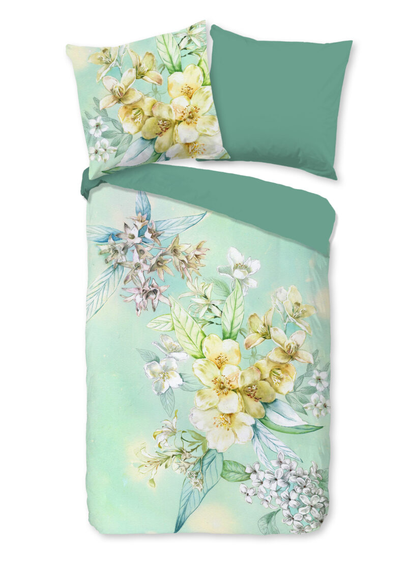Good Morning Dekbedovertrek "getekende bloemen" - Groen - (135x200 cm) - Katoen