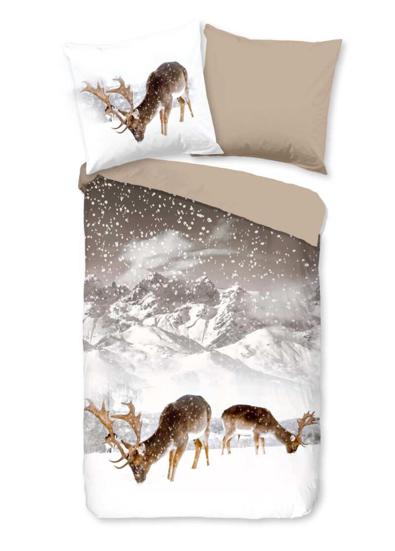 Good Morning Dekbedovertrek "herten in winterlandschap" - Zand - (135x200 cm) - Katoen Flanel
