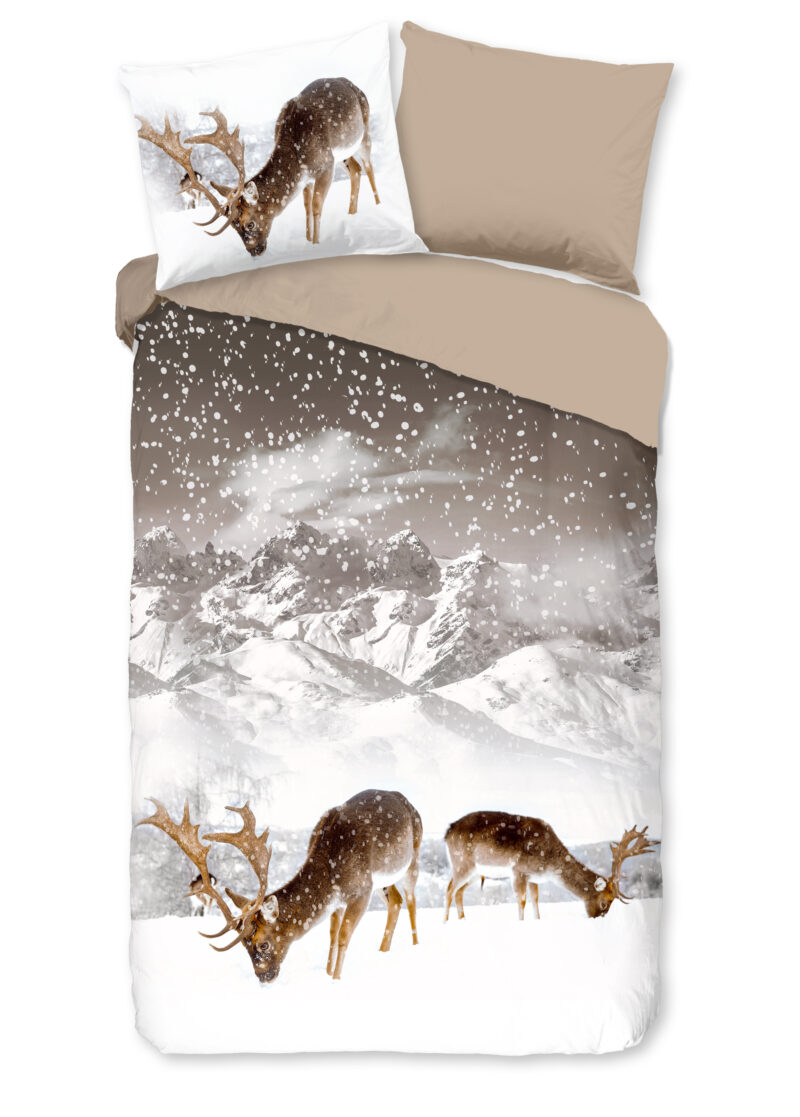 Good Morning Dekbedovertrek "herten in winterlandschap" - Zand - (240x200/220 cm) - Katoen Flanel