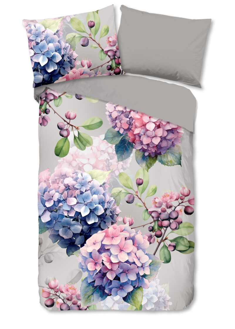 Good Morning Dekbedovertrek "hortensia bloemen" - Grijs - (140x200 cm) - Katoen