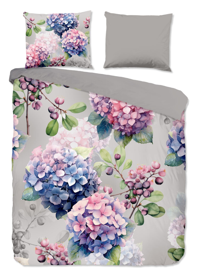 Good Morning Dekbedovertrek "hortensia bloemen" - Grijs - (240x200/220 cm) - Katoen