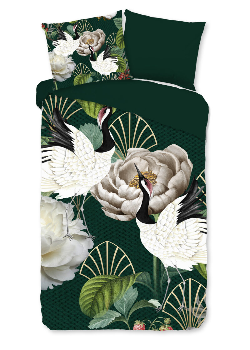 Good Morning Dekbedovertrek "kraanvogel en bladeren" - Groen - (140x200/220 cm) - Katoen