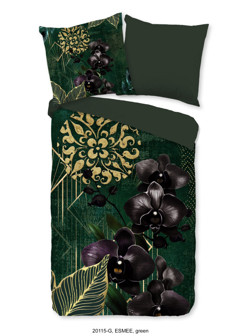Good Morning Dekbedovertrek "orchideeen en gouden elementen" - Groen - (200x200 cm) - Katoen
