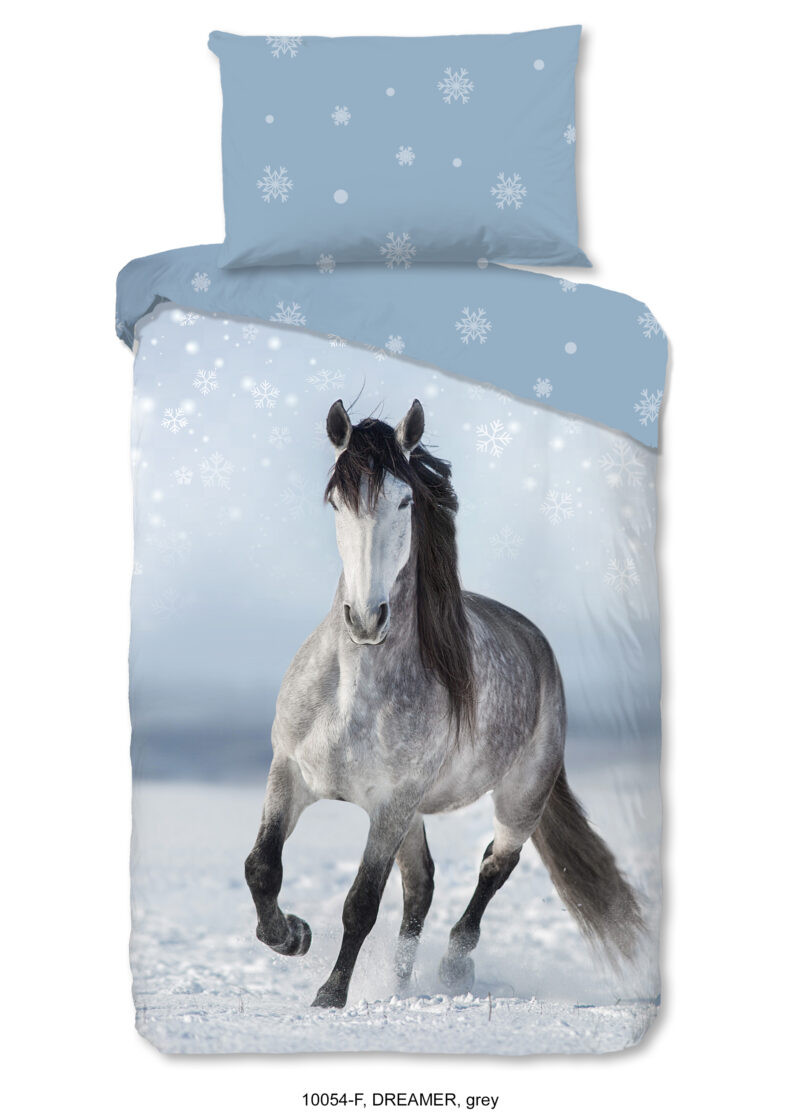 Good Morning Dekbedovertrek "paard in de sneeuw" - Grijs - (140x200 cm) - Katoen Flanel