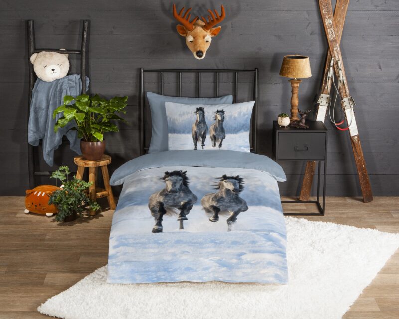 Good Morning Flanellen dekbedovertrek  "Snowhorses" - Grijs