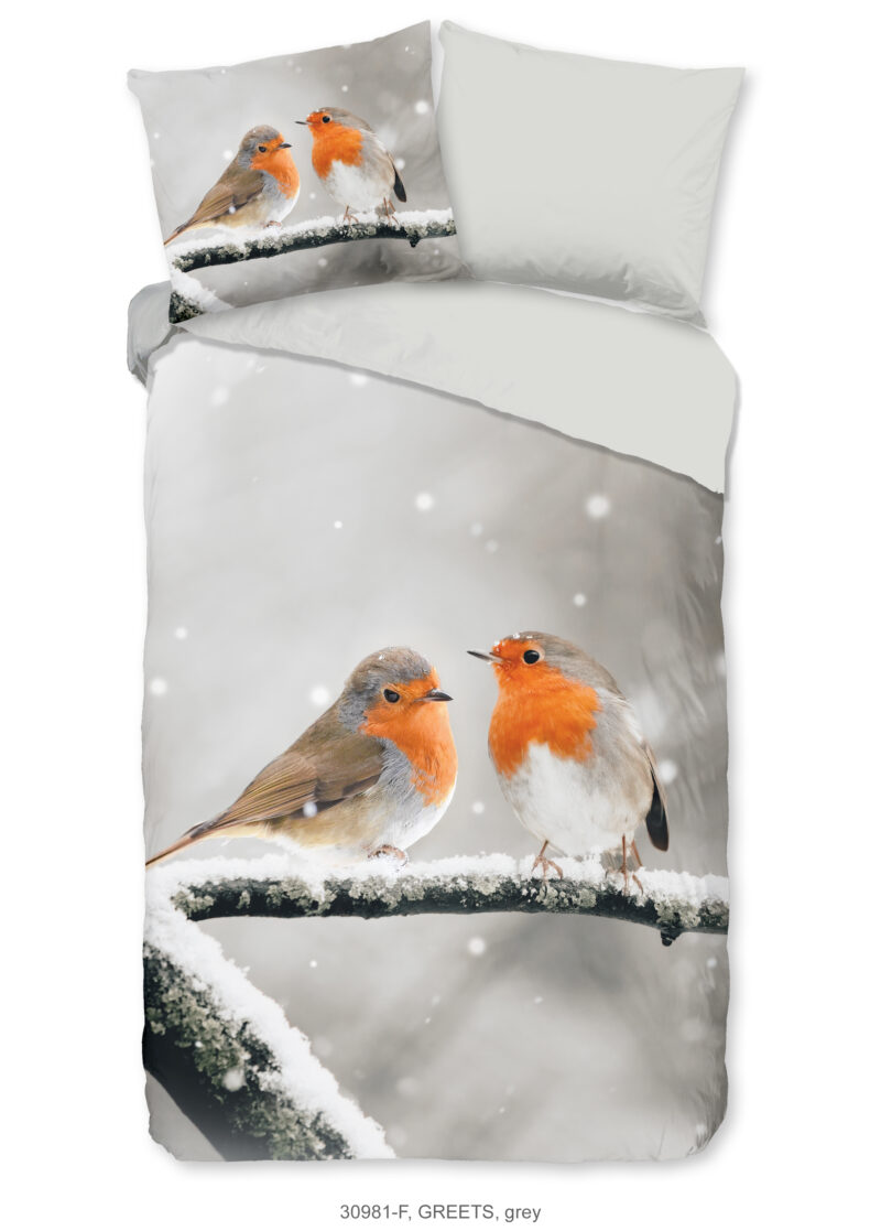 Good Morning Dekbedovertrek "roodborst vogels in de sneeuw" - Grijs - (140x200/220 cm) - Katoen Flanel