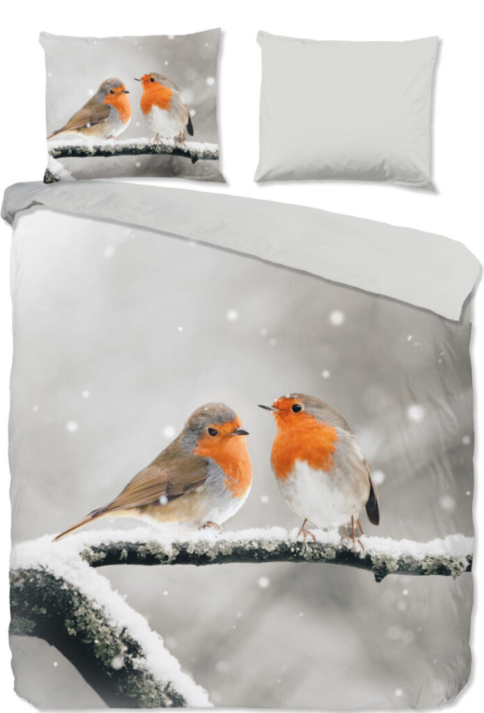 Good Morning Dekbedovertrek "roodborst vogels in de sneeuw" - Grijs - (240x200/220 cm) - Katoen Flanel