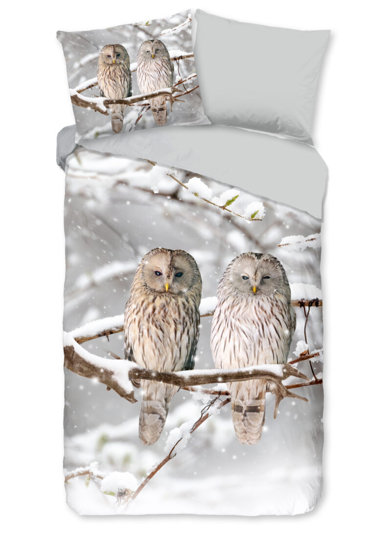 Good Morning Dekbedovertrek "uilen in winterlandschap" - Grijs - (240x200/220 cm) - Katoen Flanel