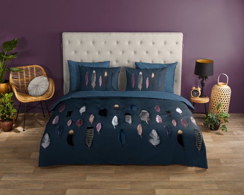 Good Morning Katoenen dekbedovertrek  "Feathers" - Blauw