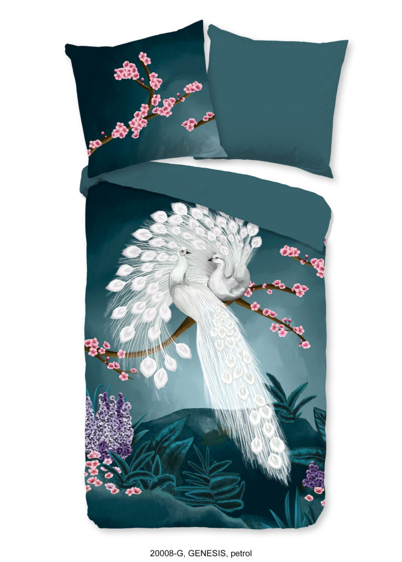Good Morning Dekbedovertrek "witte pauwen" - Petrol - (155x220 cm) - Katoen