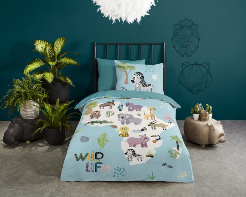 Good Morning Katoenen kinderdekbedovertrek  "Wildlife" - Aqua