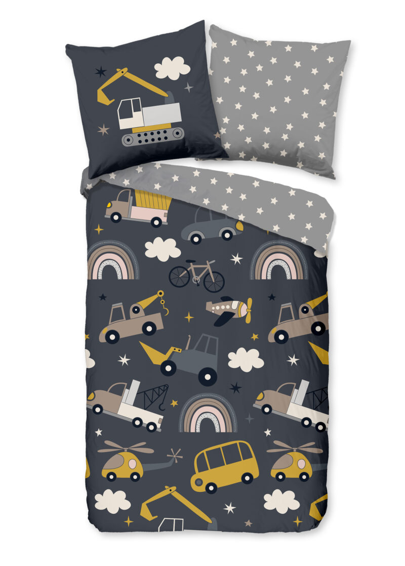 Good Morning Kinderdekbedovertrek "Werkvoertuigen" - Grijs - (135x200 cm) - Katoen