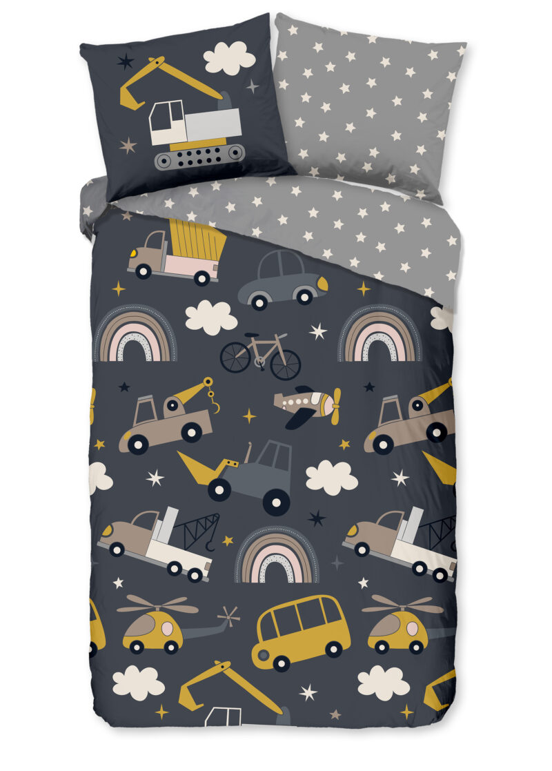 Good Morning Kinderdekbedovertrek "Werkvoertuigen" - Grijs - (140x200/220 cm) - Katoen